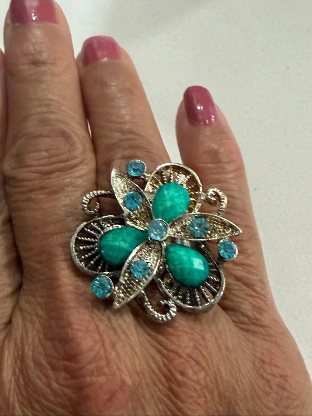 Vintage Style Teal Flower Adjustable Ring with Blue Crystals